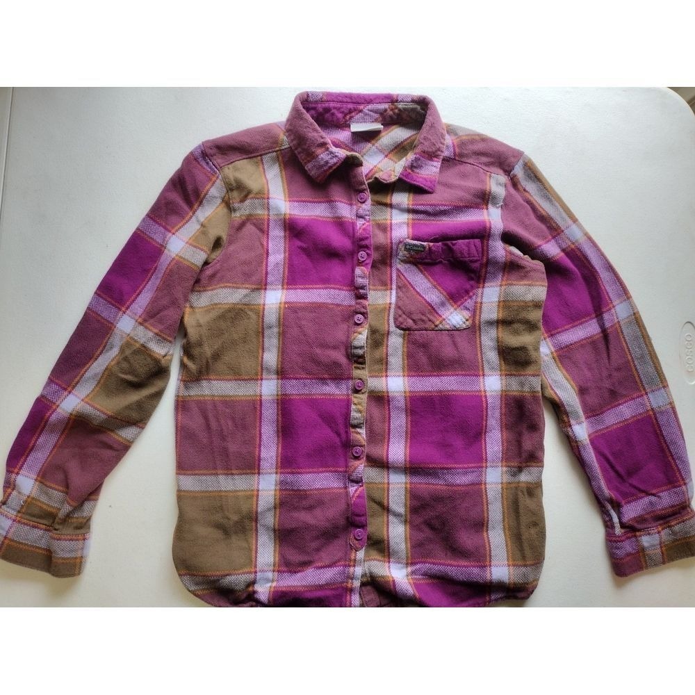 Columbia Women's Plaid Flannel Button Up Shirt Long Sleeve Purple Brown Size L
